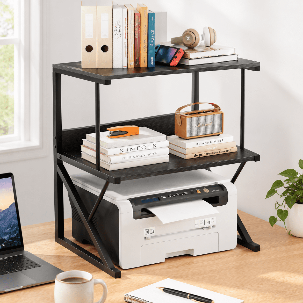 Large Black Printer Stand for Desk, Metal and Wood Office Organizer ...