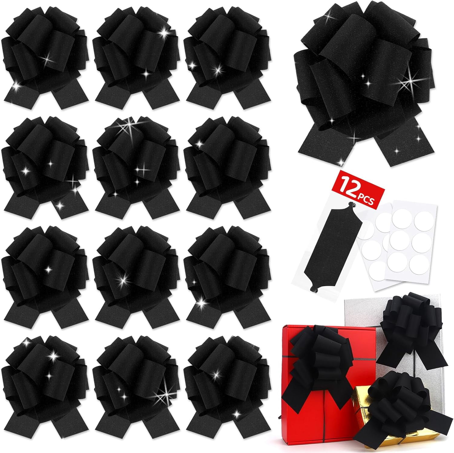 Large Black Pull Bow for Gift Basket Wrapping Xmas Bows Presents Wrap Ribbon Christmas Tree Ornament Wine Bottles Bouquet Flower Valentine's Day Party Decor (Black-I)