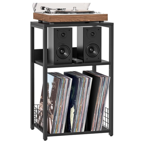 Large Black Record Player Stand, 3 Tier Big End Table with Vinyl Storage Up to 130 Albums, Turntable Stand, Industrial Printer Tables, Modern Side Tables for Living Room, Bedroom, Office