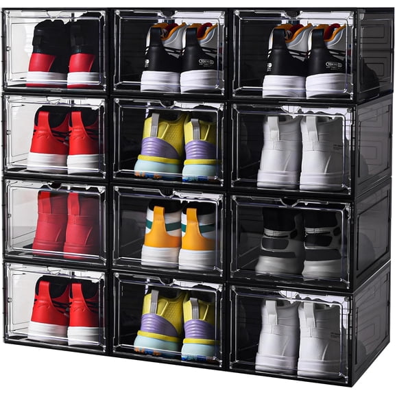 Large Black Shoe Storage Boxes Stackable, 12 Pack Hard Plastic Shoe Storage Organizer with Magnetic Door, Shoe Container Sneaker Storage Display Case Fit up to US Size 13 Black