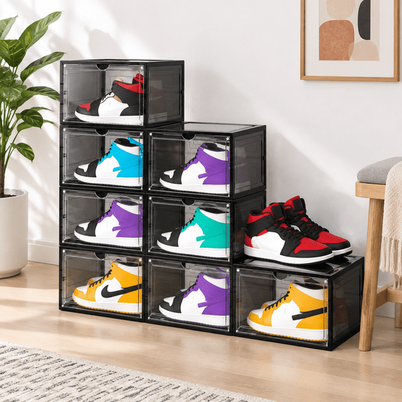 Big Stackable Container Large Black Shoe Storboxes Stackable 8 Pack Hard Plastic Organizer ...
