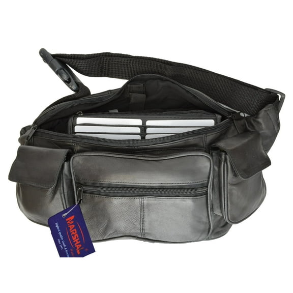 Large Black Solid Leather Waist Fanny Pack Belt Bag Travel Hip Purse Mens Womens Marshal