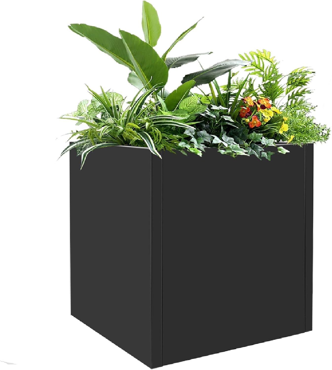 Large Black Square Planter, Cube Metal Planters Pot with Drainage Seams for Indoor and Outdoor, Heavy Duty Steel Flower Pots for Patio, Deck, Yard, Garden