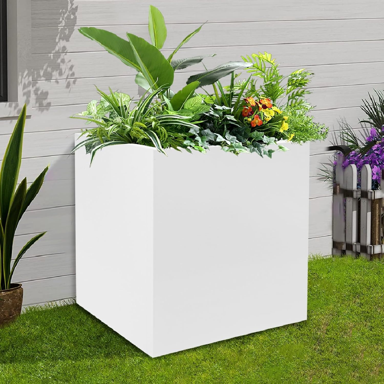 Large Black Square Planter, Cube Metal Planters Pot with Drainage Seams for Indoor and Outdoor, Heavy Duty Steel Flower Pots for Patio, Deck, Yard, Garden