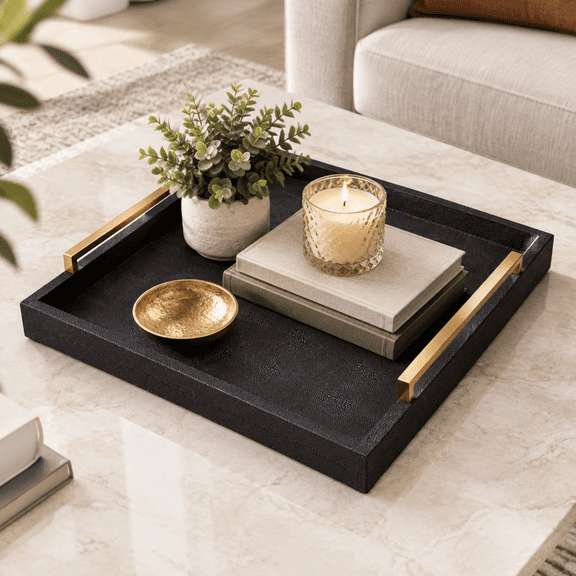 Large Black Square Serving Tray 20" x 20" x 3" with Handles for Ottoman and Home Use