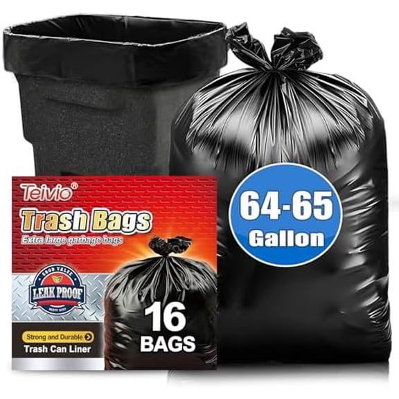 Large Black Trash Bags 64-65 Gallon 16 Counts Industrial Sturdy Garbage Bags, Extra Large Lawn and Leaf Bags Outdoor Commercial Trash Can Liner for Construction Sites, Workshops, Backyard