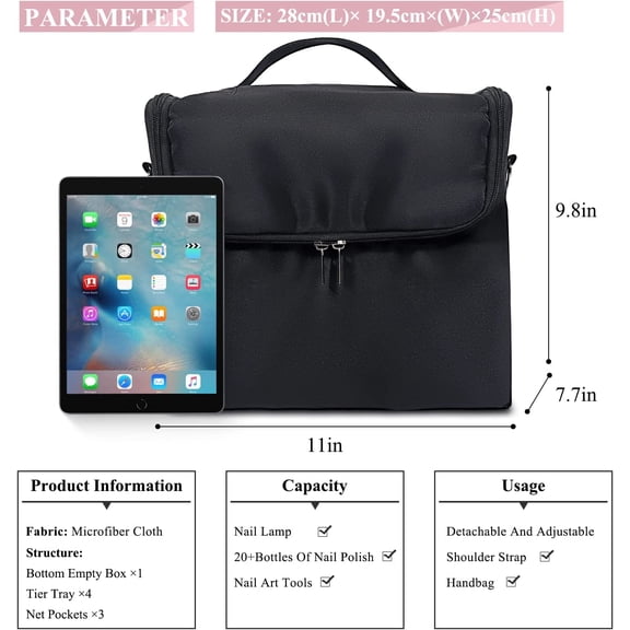 Large Black Travel Makeup Organizer with 4 Tiers, Adjustable Dividers for Nail Tools, Jewelry & Brushes