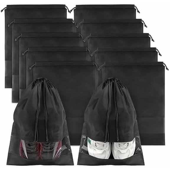 Large Black Travel Shoe Bags - 10 Pcs with Clear Window, Non-Woven Drawstring, 12.6" X 17.3" for Men Women