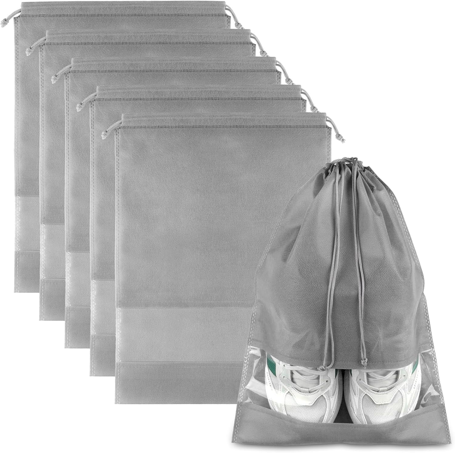 Large Black Travel Shoe Bags - 5 Pcs with Clear Window, Non-Woven Drawstring, 12.6" X 17.3" for Men Women