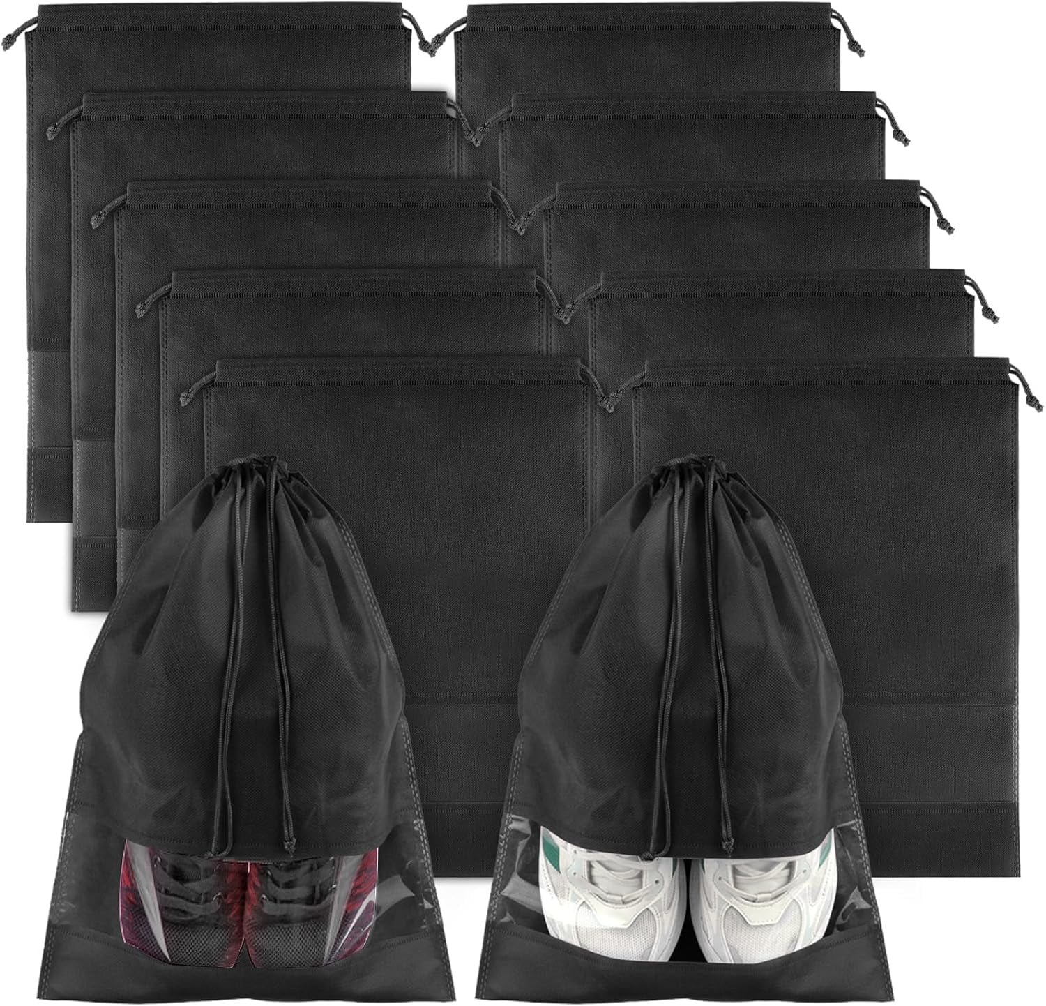 Large Black Travel Shoe Bags - 5 Pcs with Clear Window, Non-Woven Drawstring, 12.6" X 17.3" for Men Women