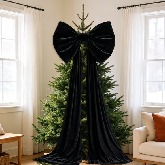 Large Black Velvet Christmas Tree Topper Bow, 79 × 16 Inch Giant Holiday Bow for Garland, Mantel, Door, Wreath & Decor