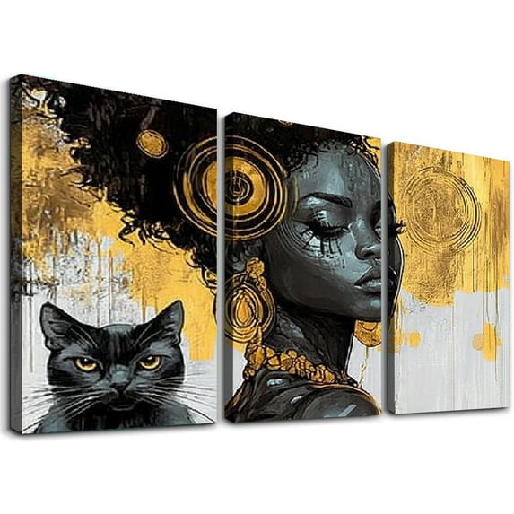Large Black Wall Art - African American Black Girl Wall Art Colorful Black African Woman Black and Gold Canvas Picture Wall Decor for Living Room Bedroom Home Decoration