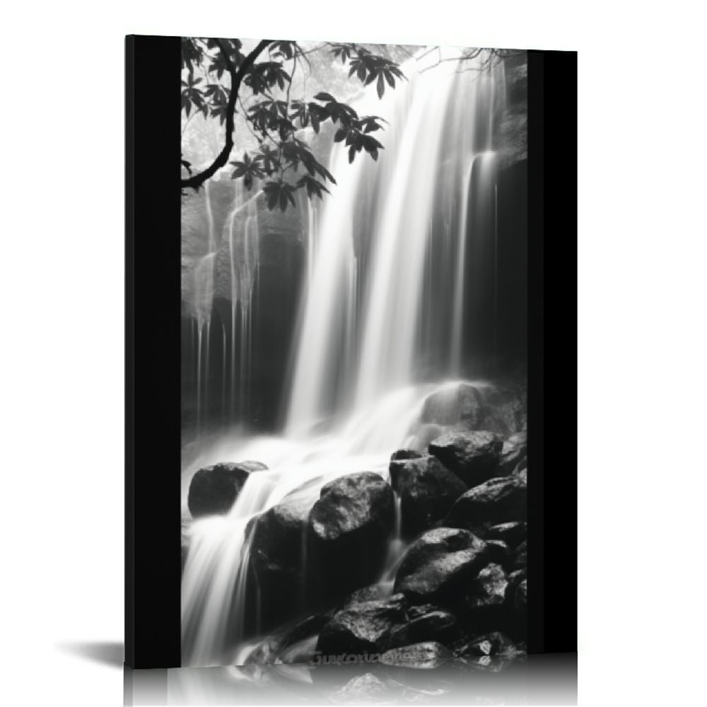 Large Black and White Waterfall Pictures Paintings on Canvas Modern Forest Nature Landscape Wall Art Prints for Living Room Home Decorations 16x20 in