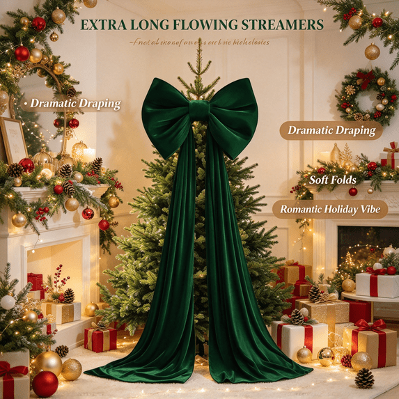 Large Blackish Green Velvet Christmas Tree Topper Bow, 79 × 16 Inch Giant Holiday Bow for Garland, Mantel, Door & Decor