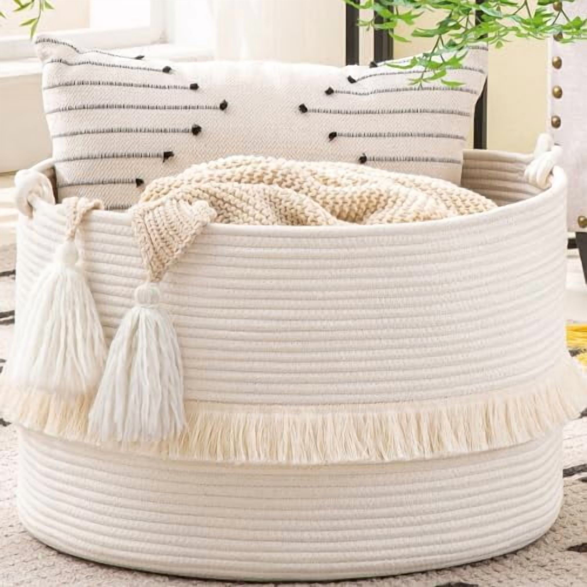 Large Blanket Basket (20"x13"),Woven Baskets for storage Baby Laundry Hamper, Cotton Rope Blanket Basket for Living Room, Laundry, Nursery, Pillows, Baby Toy chest (White)