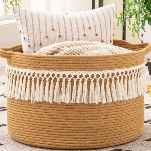 Large Blanket Basket (20"x13"),Woven Baskets for storage Baby Laundry Hamper, Cotton Rope Blanket Basket for Living Room, Laundry, Nursery, Pillows, Baby Toy chest (Brown Fringe)