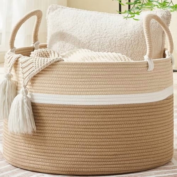 Large Blanket Basket (20"x13"),Woven Baskets for storage Baby Laundry Hamper, Cotton Rope Blanket Basket for Living Room, Laundry, Nursery, Pillows, Baby Toy chest (White and Brown)