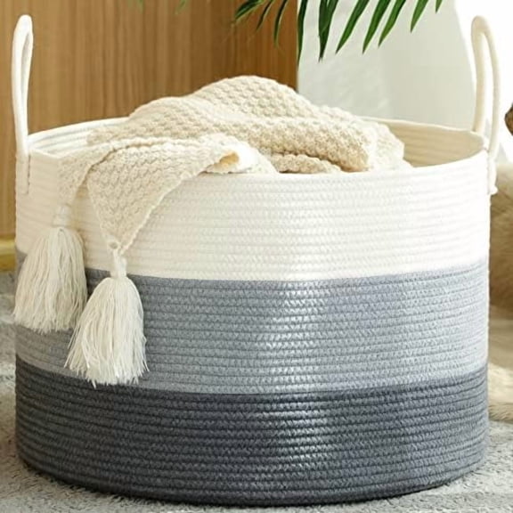 Large Blanket Basket (20"x13"),Woven Baskets for storage Baby Laundry Hamper,Cotton Rope Blanket Basket for Living Room, Laundry, Nursery, Pillows, Baby Toy chest with Handles (White/Grey)