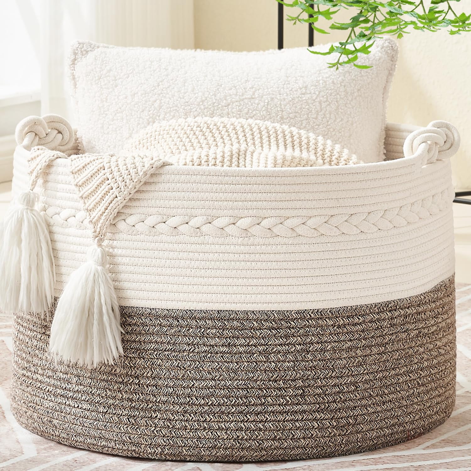 Large Blanket Basket (20"x13"),Woven Baskets for storage Baby Laundry Hamper, Cotton Rope Blanket Basket