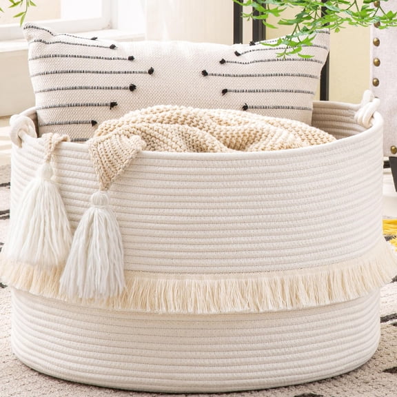 Large Blanket Basket (20"x13"),Woven Baskets for storage Baby Laundry Hamper, Cotton Rope Blanket Basket
