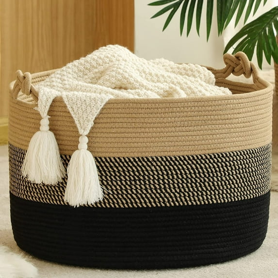 Large Blanket Basket (20"x13"),Woven Baskets for storage Baby Laundry Hamper, Cotton Rope Blanket Basket for Living Room, Laundry, Nursery, Pillows, Baby Toy chest (White/Brown)