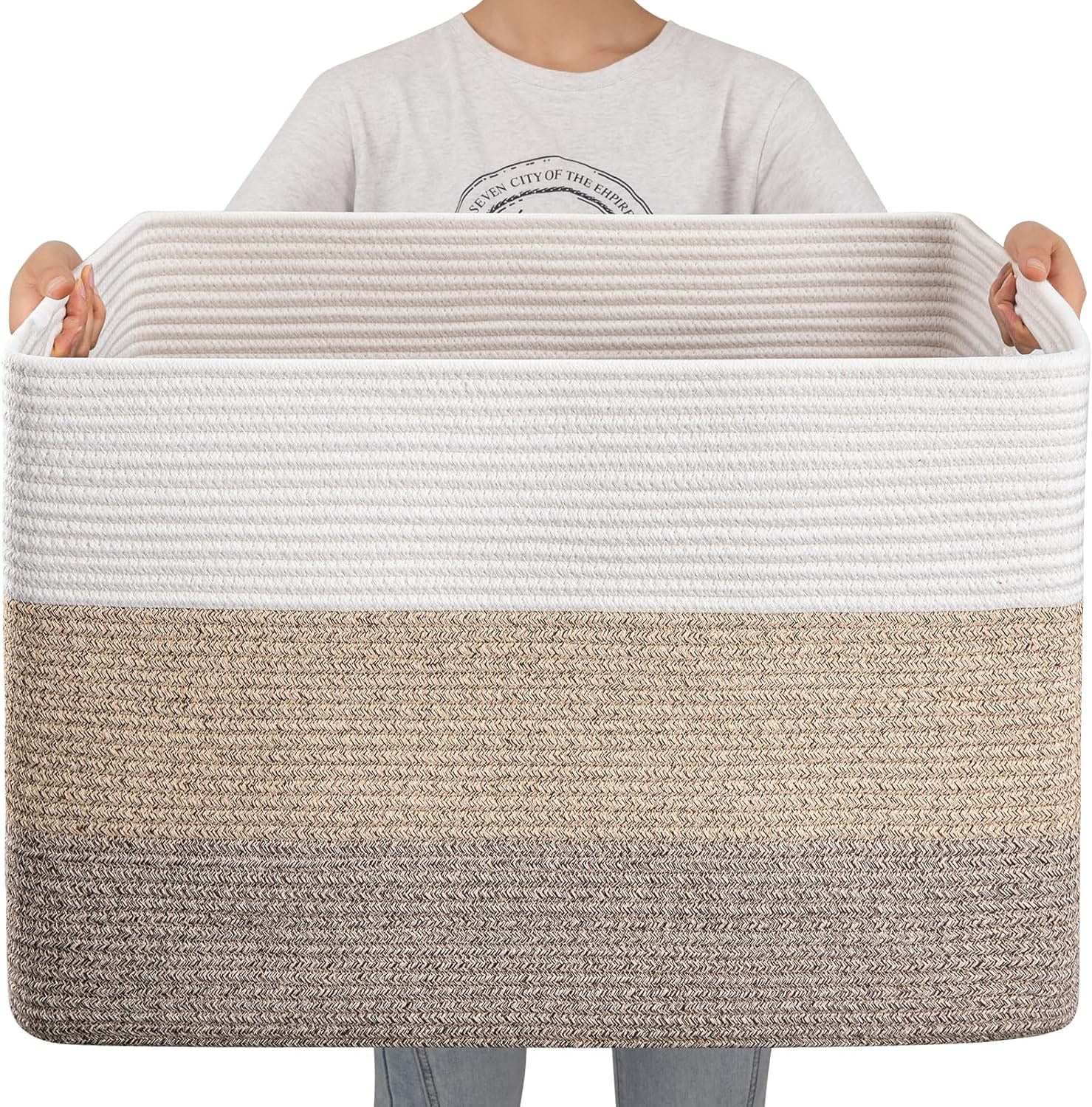 Large Blanket Basket, 21.6" x 17" x 12" Rectangle Woven Baskets for Storage, Nursery Blanket Storage Living Room, Toy Storage With Handle, Gradient Brown