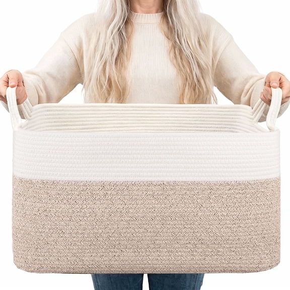 Large Blanket Basket, 21.6”x14.9”x11.8”Rectangle Woven Baskets, Nursery Blanket Storage Living Room, Toy Storage With Handle, for Bedroom, Laundry, Brown