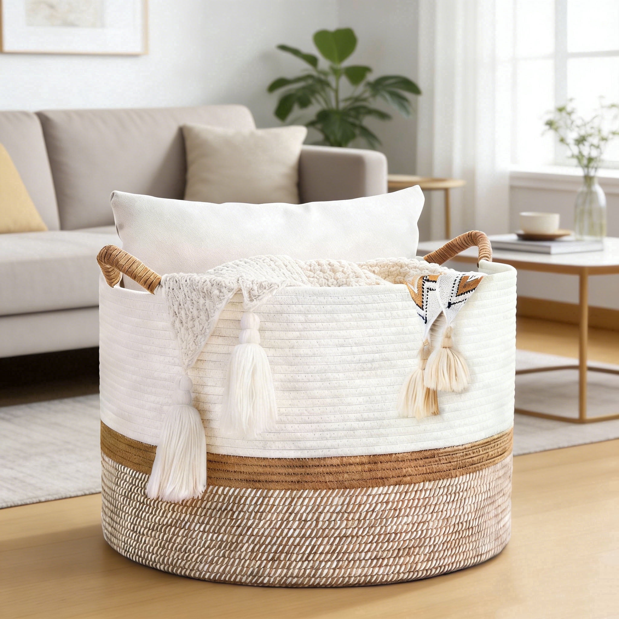 Large Blanket Basket （21“x13”）,75L Storage Basket for Organizing, Dog Toy Bin,baby laundry basket,Cotton Rope Blanket Basket for Living Room