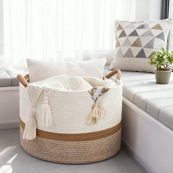 Large Blanket Basket(21“x13”),Storage Basket for Organizing, Dog Toy Bin,baby laundry basket,Cotton Rope Blanket Basket for Living Room, Laundry, Nursery, Pillows (White and Brown)