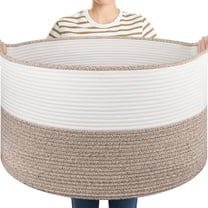 Large Blanket Basket with Handles, 22.8" x 22.8" x 13" Woven Storage Basket for Living Room, Cotton Rope Baby Toy Storage for Clothes, Pillows, Towels-Brown & White