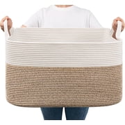 Large Blanket Basket, 22" x 17" x 12" Large Blanket Basket Rectangle Woven Baskets, Nursery Blanket Storage Living Room, Toy Storage With Handle, for Bedroom, Laundry, Brown