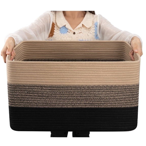 Large Blanket Basket for Living Room（25"x16"）,75 L Rectangle Toy Storage Basket for Nursery Room, Woven Rope Storage Box with Leather Handle,Gradient Linen
