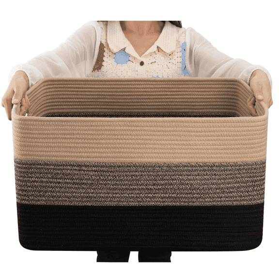 Large Blanket Basket for Living Room,75 L Rectangle Toy Storage Basket for Nursery Room, Woven Rope Storage Box with Leather Handle,Gradient Linen