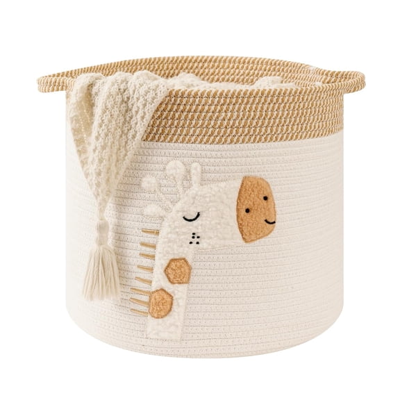 Large Blanket Baskets for Living Room Decor, Toy Storage 14" x Woven Cotton Rope Basket Kids, Dog Toys Organizer Clothes Hamper with Embroidery Decor Nursery Laundry, Giraffe