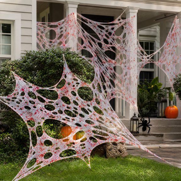 Large Bloody Webs Halloween Decoration, Ripped Blood Splattered Net Cloth for Outdoor Yard, Spooky Party Decor, Creepy Fabric Backdrop for Indoor & Outdoor Use