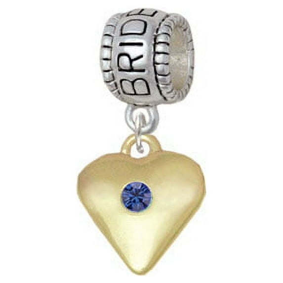 Large Blue Birthday Crystal Gold Tone Heart - Bridesmaid Charm Bead