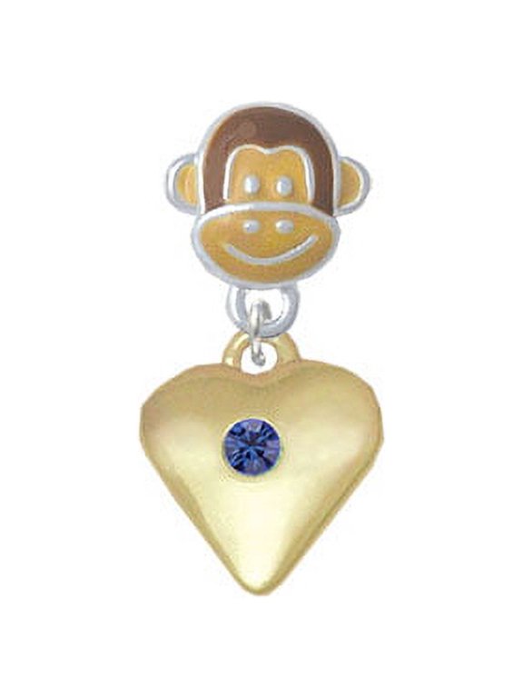 Large Blue Birthday Crystal Gold Tone Heart - Monkey Face Charm Bead