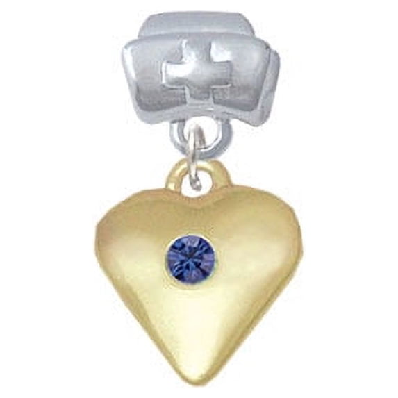 Large Blue Birthday Crystal Gold Tone Heart - Nurse Hat Charm Bead