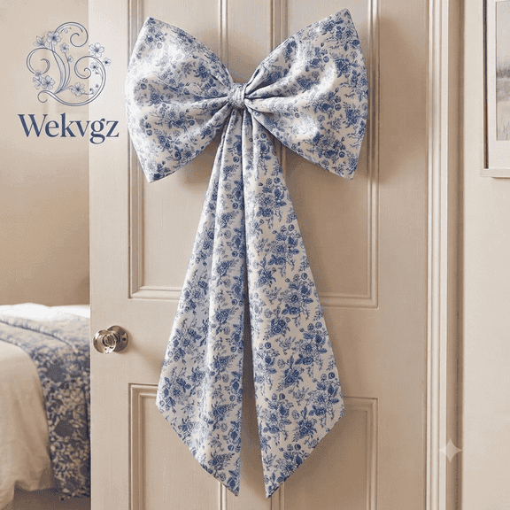Large Blue Bow Wall Decor, 23"x43" Giant Satin Ribbon Bow Hanging Coquette Aesthetic Blue and White Porcelain Style Big Bow for Birthday Party Backdrop Wedding Baby Shower Ballerina Room Decor