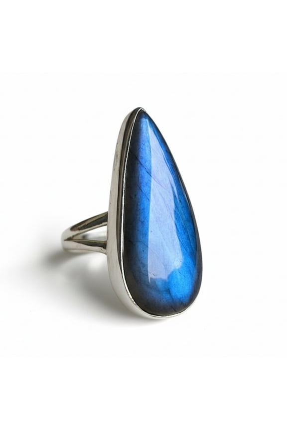 Large Blue Flash Labradorite Ring in Solid 925 Sterling Silver, Minimalist Cocktail Ring