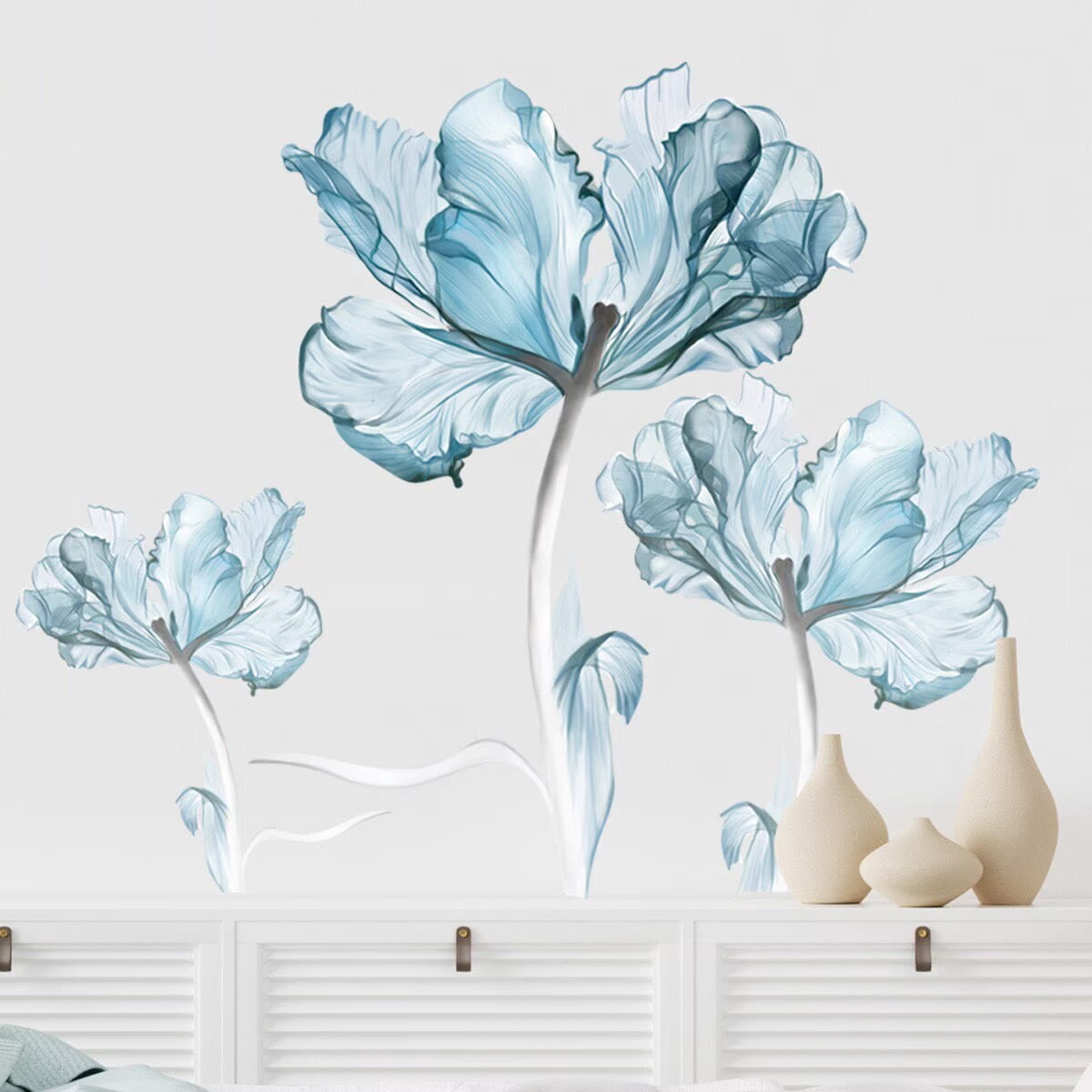 Large Blue Flower Wall Decals Poppy Floral Wall Art Stickers for Girls Bedroom Living Room Bathroom Office TV Background Decor
