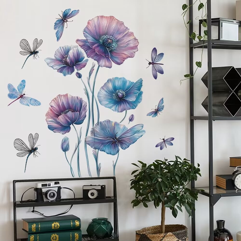 Large Blue Flowers Wall Stickers Peony Floral Plants Butterfly Peel and ...