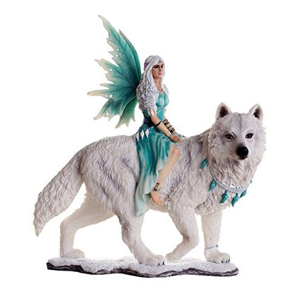 Aneira Frost Fairy with White Wolf Resin Statue