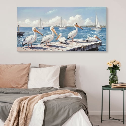 Large Blue Ocean Seagull Canvas Wall Art Hand Painted Beach Painting Coastal Seascape Artwork for Living Room Bedroom Decor 20x44 Ivory Navy