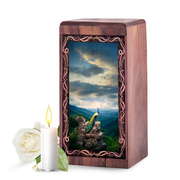 Large Blue Peacock Wooden Urn for Human Ashes (11.25 Inch) – Handcrafted Adult Cremation Urn for Men & Women, Decorative Funeral Memorial Urn