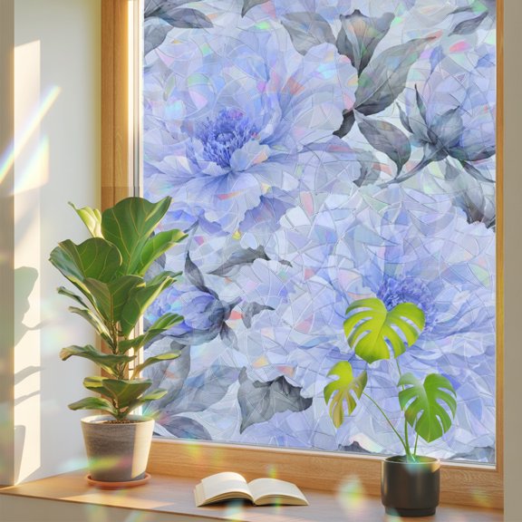 Large Blue Peony Window Privacy Film, Rustic Watercolor Floral Flower Gray Leaf Stained Glass Rainbow Film Decorative Window Clings, Static Cling Sun Blocking Stickers 17.7" x 39.3"