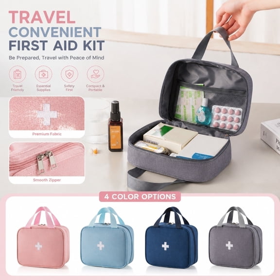 Large Blue Portable Medical Storage Bag, Travel First Aid Kit, Camping First Aid Kit, Car First Aid Emergency Kit, 8X6X3.5 Inch Spacious Zippered Carry Tote with Reinforced Top
