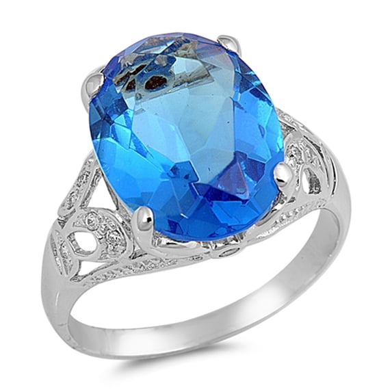 Large Blue Simulated Topaz Vintage Filigree Ring .925 Sterling Silver Band CZ Female Size 10
