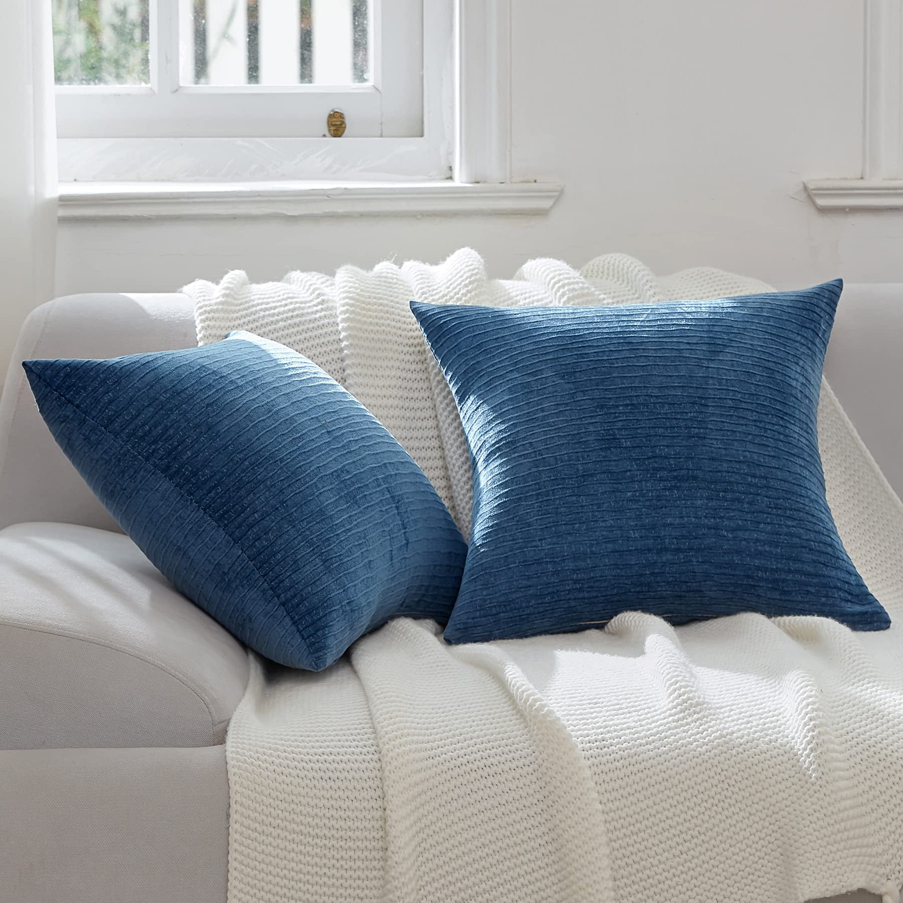 Blue Pillow Covers 18x18 Set Of 2 Square Farmhouse Decorative Throw Pillows  For Couch Sofa Chair Spring, 18x18 Inch, Blue
