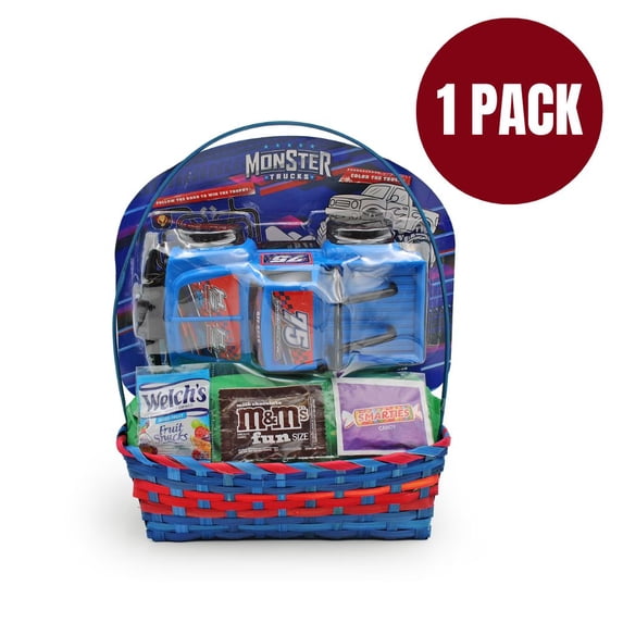 Large Blue Toy Truck Prefilled Easter Basket by Megatoys - Complete Holiday Gift Set with Assorted Candy and Reusable Storage Basket, Indoor/Outdoor Use